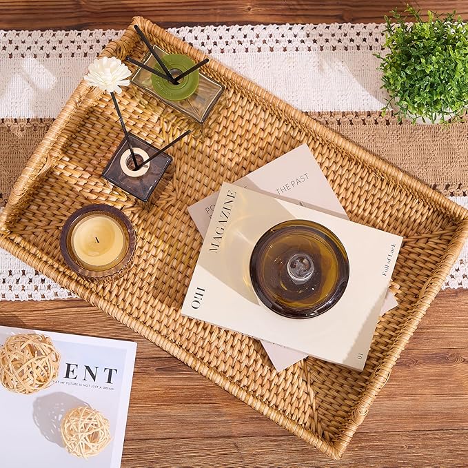 Rattan Rectangular Serving Tray with Handles, Hand-Woven Wicker Decorative Tray for Coffee Table,Vintage Boho Style Decor for Dining, Kitchen, Bathroom, Outdoor(14.4"x10.4"x1.4")