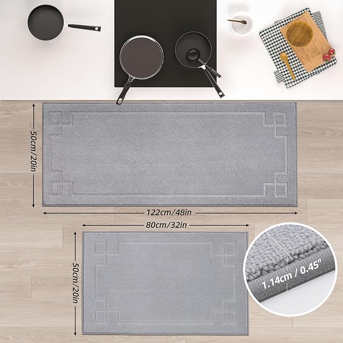 BEQHAUSE Kitchen Rugs Non-Slip Washable [2 PCS], Machine Washable Kitchen Mats Absorbent Soft Kitchen Runner Rugs for Floor,Sink,Hallway,Laundry,20”x32”+20”x48”, Grey