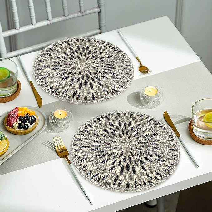Beaded Charger 13" Round Floral Marigold - Silver Dark Grey Placemat for Dining Table, Holiday & Christmas