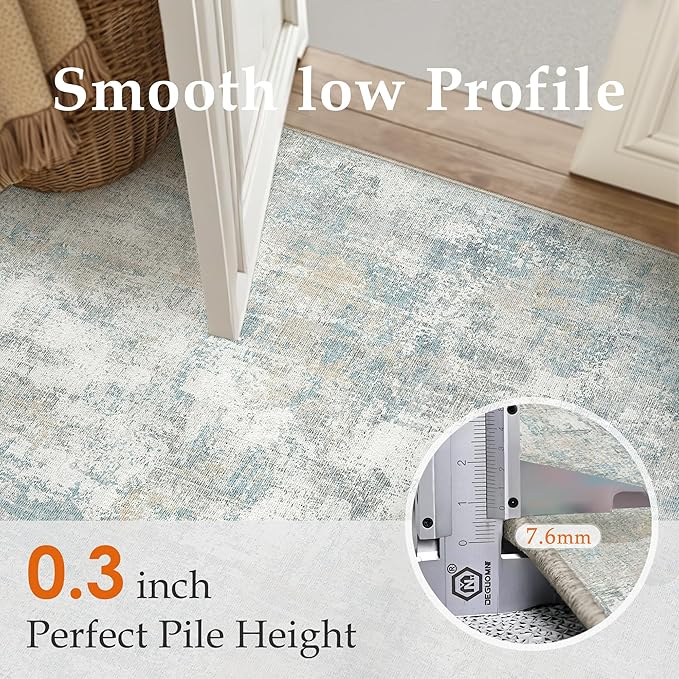WondRg 2x3 Washable Area Rug Blue Cream Abstract Entryway Kitchen Throw Rug Neutral Modern Non Slip Soft Low Pile Lightweight Small Carpet for Bathroom Living Room Bedroom