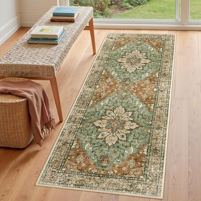 RELEANY Area Rugs 3'x7' Washable Non-Slip, Floral Vintage Distress Print Pattern Medallion Carpet for Living Room Bedroom Dining Room, Brick Red Rust Neutral Brown Burnt Orange Green