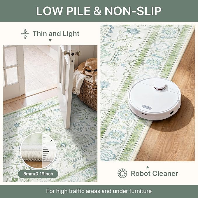 BESBLEE Area Rug 2x3 Doormat, Machine Washable Low Pile Vintage Rugs, Small Lightweight Rug Entryway Indoor Mat for Entrance, Hallway, Kitchen and Corridor, Cream Green
