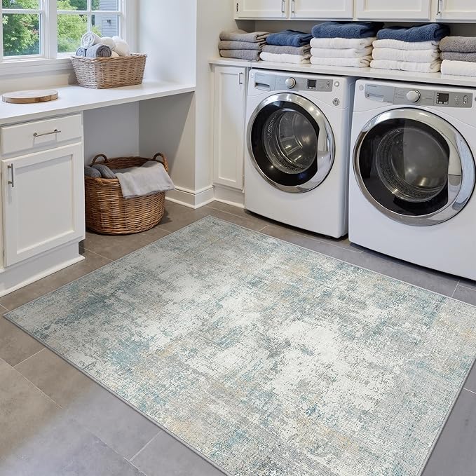 WondRg 3x5 Washable Area Rug Blue Cream Abstract Entryway Office Throw Rug Neutral Modern Non Slip Soft Low Pile Lightweight Small Carpet for Kitchen Living Room Bedroom Entrance