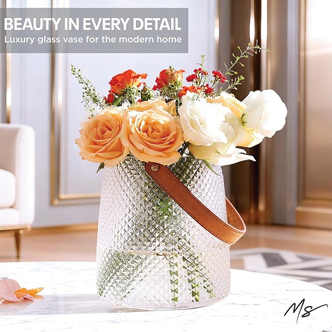 Nordic Handcrafted Glass Flower Vase with Vegan Leather Handle – Diamond Pattern Design – Modern Decorative Centerpiece – Elegant Gift for Weddings, Housewarming, Anniversaries – Stylish Home Décor
