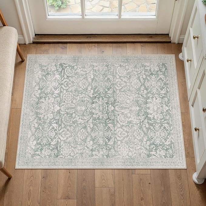 PureCozy Green 2x3 Entryway Area Rug Washable Vintage Door Mat Indoor Non Slip Low Plie Soft Carpet Retro Accent Throw Small Rug for Bathroom Bedroom Office Dining Living Room
