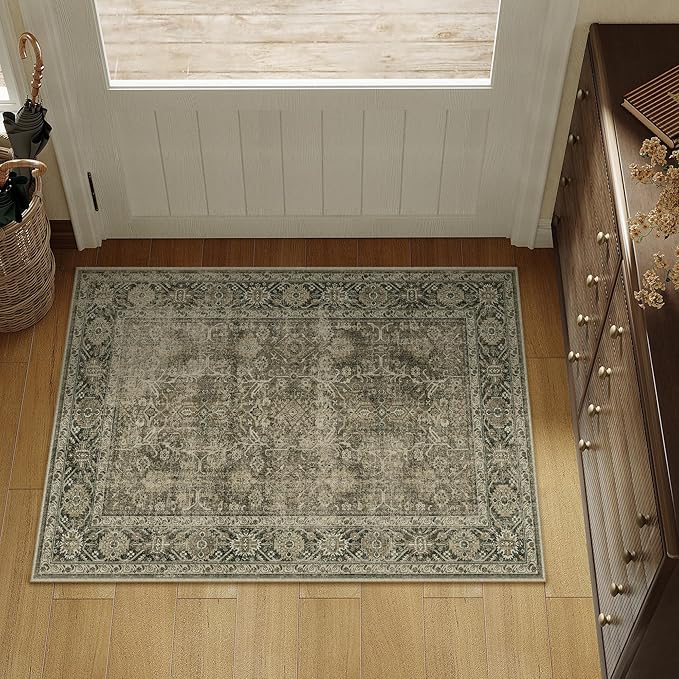 PureCozy Light Brown Entryway Area Rug 2x3 Vintage Indoor Kitchen Washable Door Mat Living Room Carpet Tribal Distressed Retro Accent Throw Rug for Office Dining Room Bathroom Faux Wool