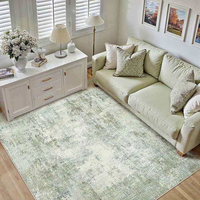 WondRg 5x7 Washable Area Rug Sage Green Abstract Living Room Bedroom Carpet Neutral Modern Non-Slip Soft Low Pile Lightweight Vacuumable Throw Rug for Dining Room Entryway