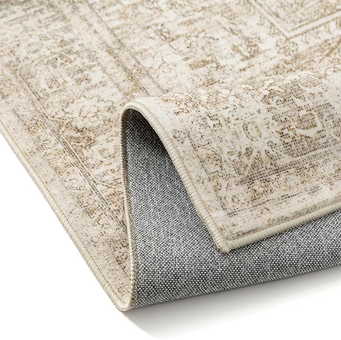 PureCozy 6x9 Area Rug Washable Living Room Bedroom Carpet Vintage Distressed Large Non Slip Low Pile Thin Cream Beige Dining Room Office Medallion Accent Throw Rug