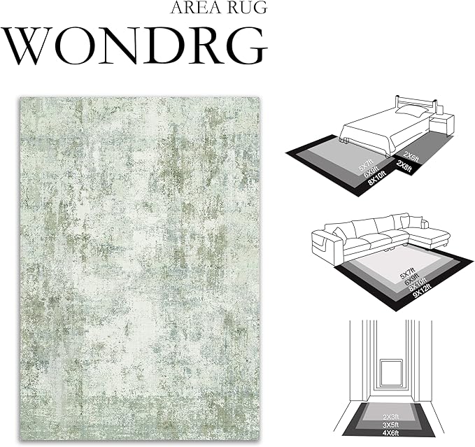 WondRg 6x9 Washable Area Rug Sage Green Abstract Living Room Bedroom Carpet Neutral Modern Non-Slip Soft Low Pile Lightweight Vacuumable Throw Rug for Dining Room Kitchen