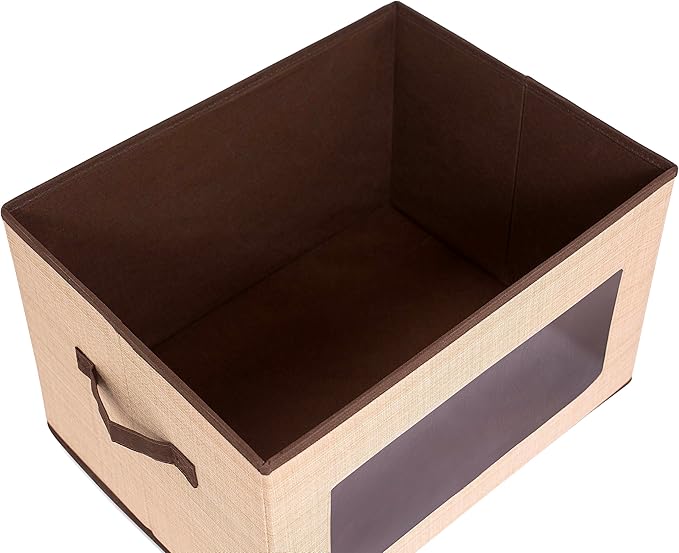 Internet's Best Storage Box with Window - Durable Storage Bin Basket Containers with Lids and Handles - Clothes Nursery Toys Organizer - Brown (Beige)