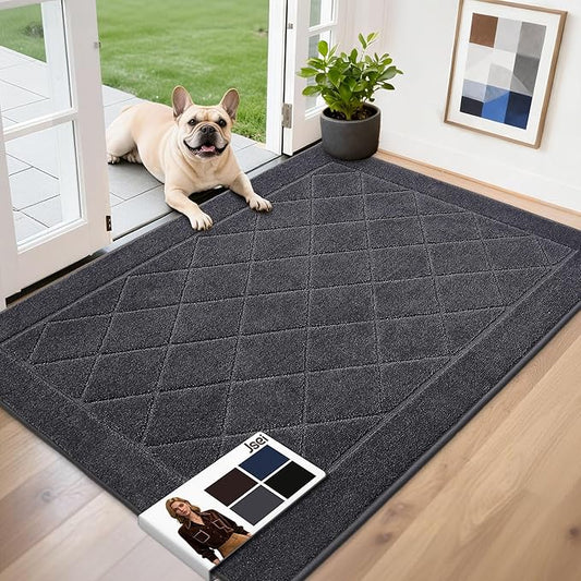 JSEI Dirt Trapper Door Mat 32"x48", Non-Slip Washable Entryway Mats, Dog Door Mat, Stain Resistant and Absorbent Floor Mats, Low Profile Welcome Mat for Front Back Door, Dark Grey