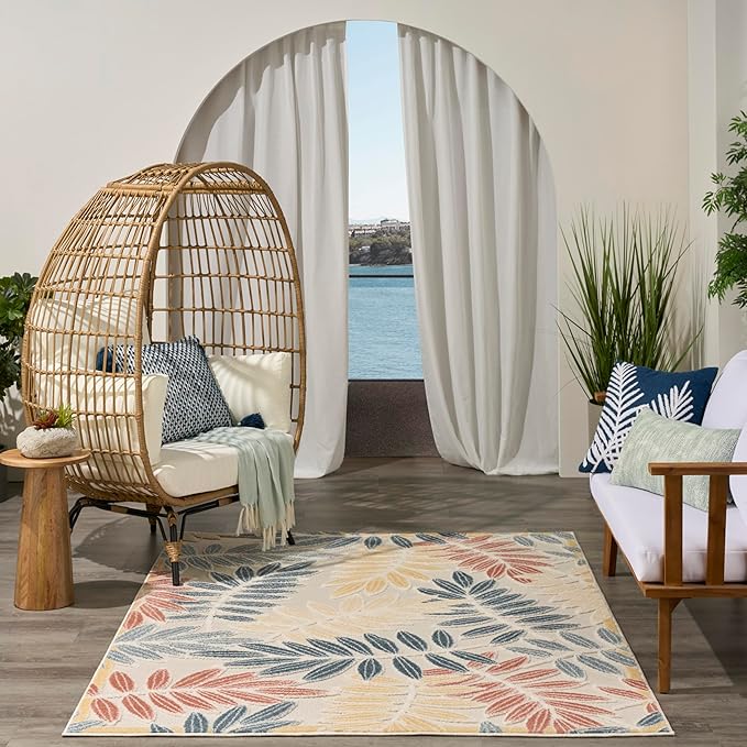 Nourison Home Aloha Ivory Blue 5'3" x 7'5" Area Rug - Easy Clean, Non Shedding, Bed Room, Living Room, Dining Room, Kitchen (5' x 8')