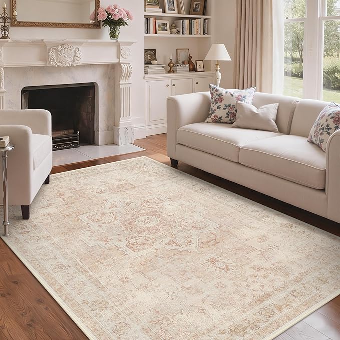 BESBLEE 6x9 Area Rugs for Living Room, Machine Washable Rug, Non Slip Vintage Rugs, Low Pile Lightweight Print Rug for Bedroom, Dining Room, Home Office, Pink