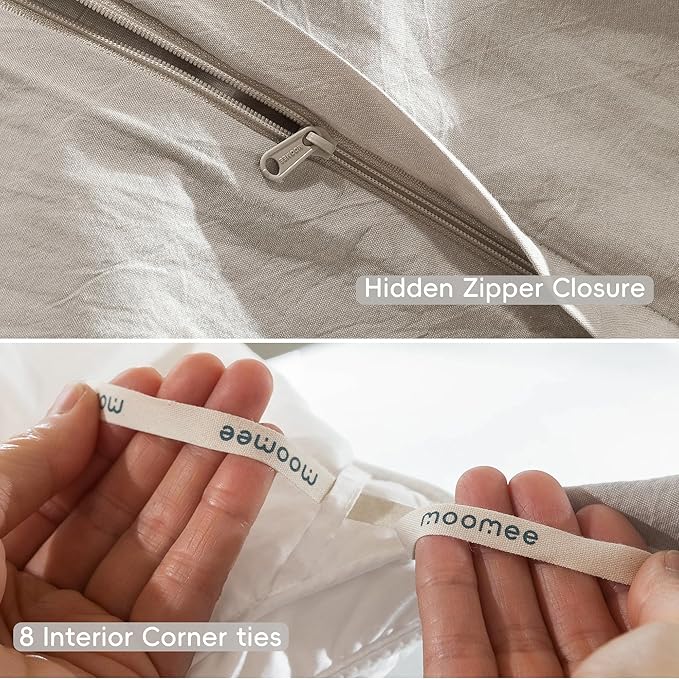 MooMee Bedding Duvet Cover Set 100% Washed Cotton Linen Like Textured Breathable Durable Soft Comfy (Heathered Cream Grey, King 104"x90")
