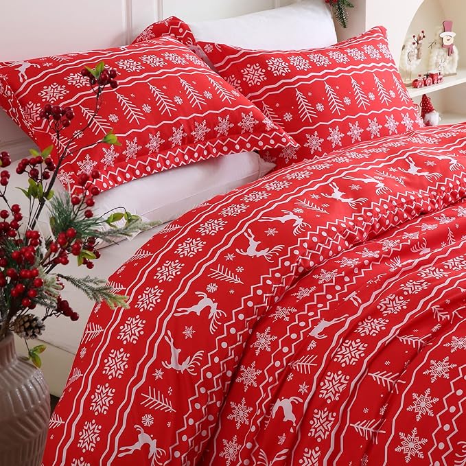 JSD Vintage Christmas Duvet Cover Set Twin Size, 2 Piece Red Snowflakes Reindeer Snowflakes Printed Microfiber Duvet Comforter Cover with Pillow Sham