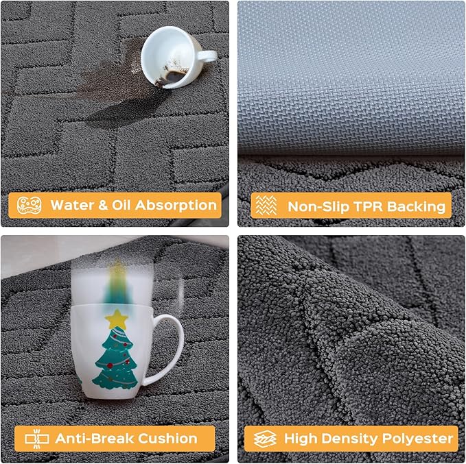 Machine Washable Kitchen Rugs 24" x 36", Non-Slip Kitchen Runner Rugs Mats for Floor, Absorbent Comfort Standing Mats for Kitchen, Sink, Laundry and Hallway, Charcoal