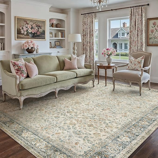 PureCozy Beige Area Rug 5x7 Living Room Machine Washable Vintage Carpet Non Slip Indoor Retro Traditional Accent Throw Large Rug for Office Kitchen Bedroom Dining Room