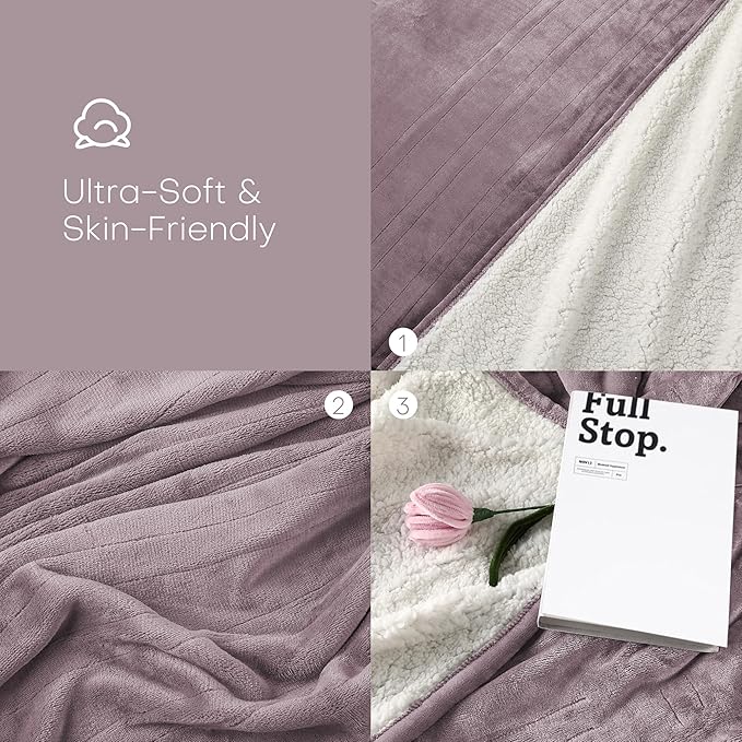 Electric Heated Blanket Throw Size 50"x60" - Flannel & Sherpa Fabric Dual-Sided, 6 Heat Settings & 1-3 Hours Auto Off, Soft & Cozy Machine Washable, Lavender Purple