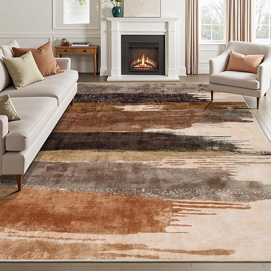 Ciicool Modern Abstract Brown Grey Rug for Living Room, 6'x9' Machine Washable Area Rug Non-Slip Rug, Low-Pile Contemporary Indoor Dining Floor Carpet for Bedroom Office Under Table Home Decor