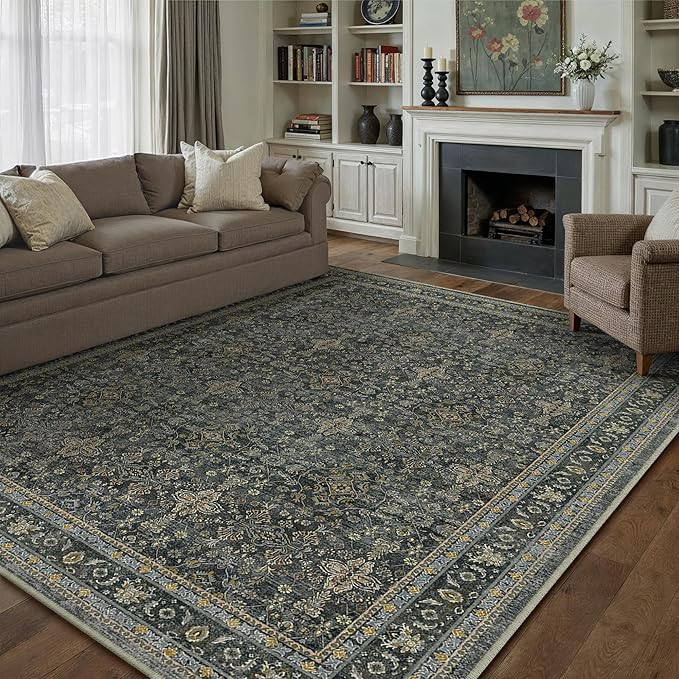 PureCozy 8x10 Area Rug for Living Room Black Vintage Washable Bedroom Carpet Traditional Distressed Soft Non Slip Indoor Large Accent Rug Retro Thin Low Pile Floor Cover for Dining Room Playroom