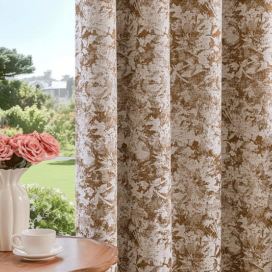 Beauoop Brown Floral Jacquard Blackout Curtains 63 Inches Long 2 Panels for Bedroom Living Room Chenille Flower Room Darkening Thermal Insulated Soundproof Grommet Window Treatments Drapes, 52x63