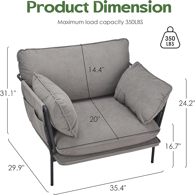 AYEASY Modern Accent Chair for Living Room, Oversized Reading Chair with Solid Metal Legs, Upholstered Fabric Armchair with Side Pockets and 2 Pillows, Comfy Accent Chairs for Bedroom, Nursery, Khaki