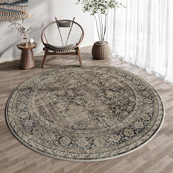 PureCozy Brown Round Area Rug 3ft Entryway 3x3 Circle Vintage Indoor Kitchen Washable Door Mat Living Room Carpet Non Slip Traditional Distressed Retro Accent Throw Rug Office Dining Room Bathroom
