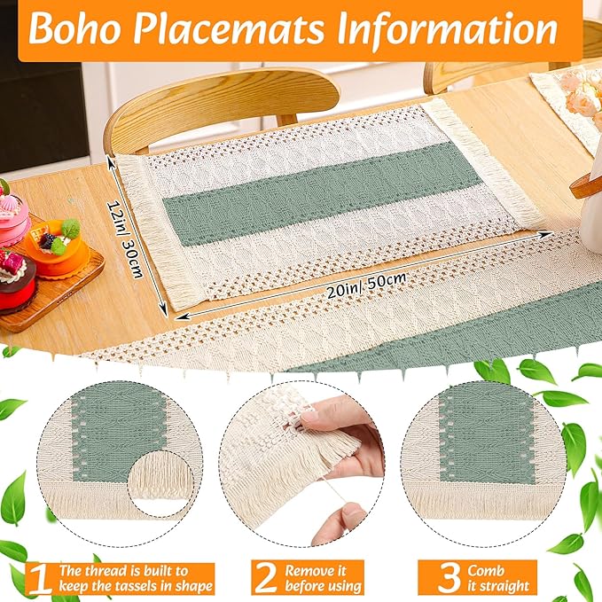 6 Sets Boho Placemats Round Woven Placemats, Cloth Napkins, Wood Bead Napkin Rings, Long Table Runner and Farmhouse Rustic Natural Burlap Cotton for Kitchen Dining Table Home (Green)