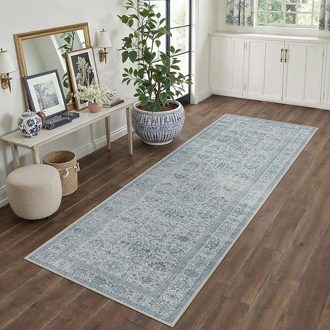 PureCozy Blue Runner Rug 2x8 Hallway Washable Carpet Soft Vintage Indoor Kitchen Non Slip Bedroom Traditional Retro Distressed Thicker Throw Long Rug Bathroom Laundry Entryway Office Dining Room