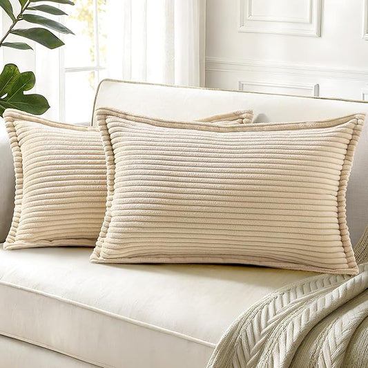 decorUhome Spring Corduroy Beige Throw Pillow Covers 12x20 Set of 2 Decorative Soft Boho Farmhouse Lumbar Couch Pillow Covers for Living Room Bed Sofa Broadside Striped Pillow Cases