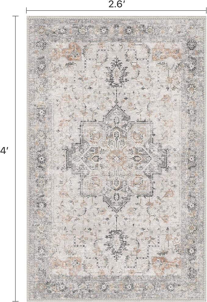 BESBLEE Runner Rug 2'6''x4, Non Slip Hallway Runner Rugs, Low Pile Lightweight Machine Washable Vintage Rug for Hallway, Entryway, Bedroom, Kitchen and Corridor,Light Taupe Brown