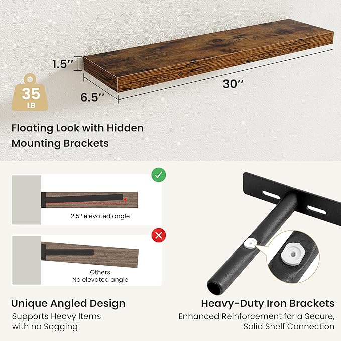 Fun Memories Floating Shelves for Wall, Rustic Wood Wall Mounted Shelves for Bathroom, Bedroom, Living Room and Kitchen, Storage & Home Decor (Set of 2, Brown, 30 in)