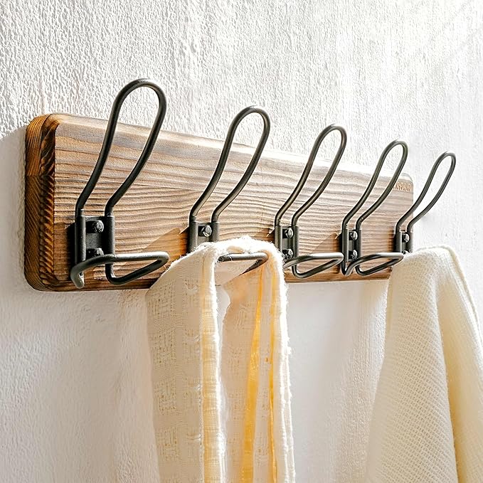 Dseap Coat Rack Wall Mounted - Heavy Duty Farmhouse Rustic Wall Coat Hanger With 5 Wire Hooks for Clothes Hat Jacket Towel, RusticWire, G25A, Rustic Brown & Black