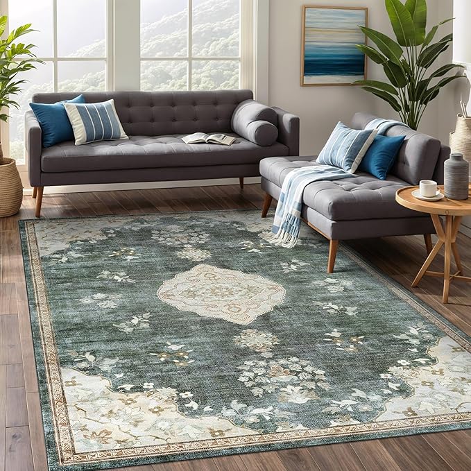 Beverly Rug Non Slip Rugs 4x6 Boho Medallion Floral Non Skid Rubber Backing Easy Silk Soft Area Rug for Living Room Easy to Clean Non Shedding Kitchen Bedroom Indoor Carpet (4 x 6 Green - Cream)