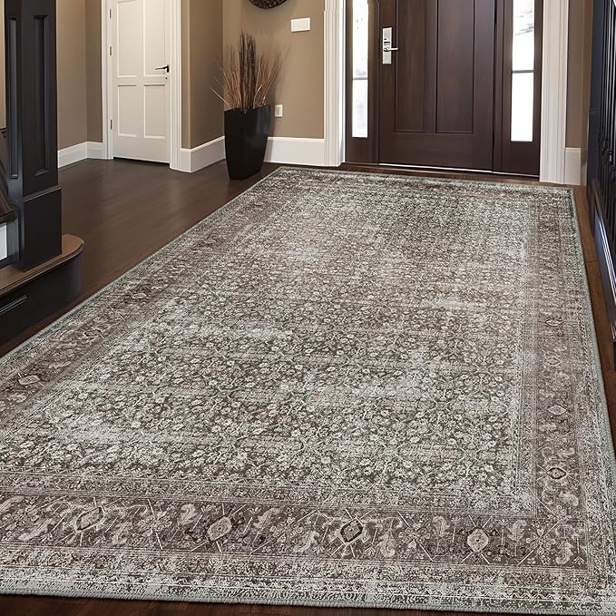 Fortsea Area Rug 7X9 Washable Rug Moss Salmon Vintage Traditional Distressed Thin Retro Kitchen Indoor Floor Cover Non Slip Carpet Floral Print Mat Living Room Bedroom Dining Room (Moss/Salmon 7X9)
