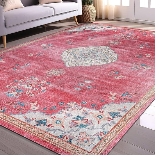 Beverly Rug Non Slip Rugs 8x10 Boho Medallion Floral Non Skid Rubber Backing Easy Silk Soft Area Rug for Living Room Easy to Clean Non Shedding Kitchen Bedroom Indoor Carpet (8 x 10 Fuchsia - Cream)