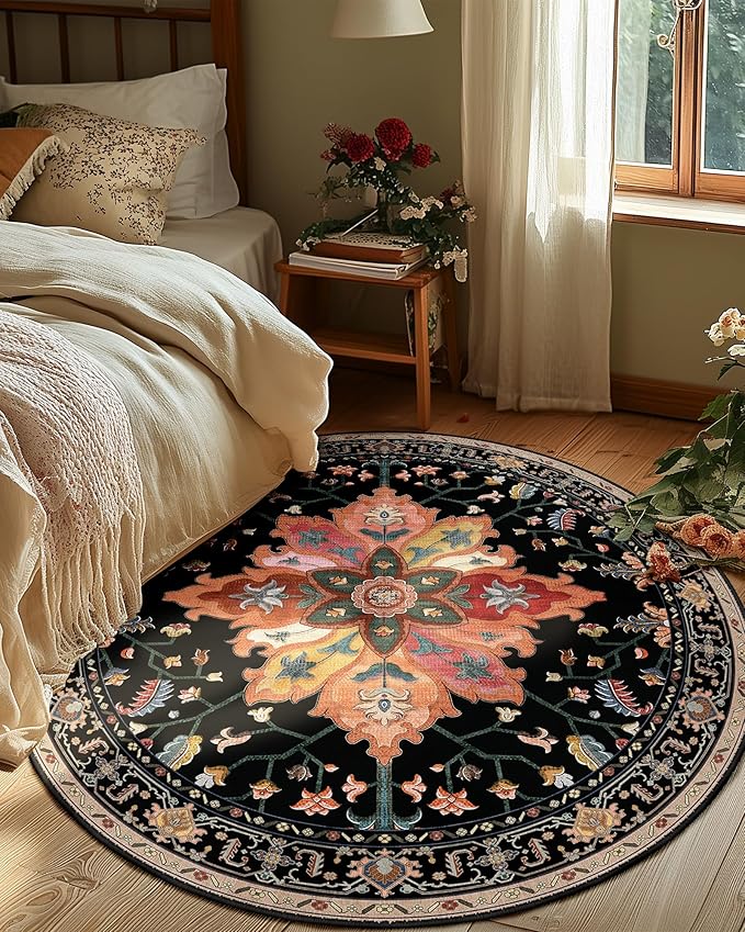 RELEANY Area Rugs 6ft Washable Non-Slip, Floral Vintage Distress Print Pattern Medallion Carpet for Living Room Bedroom Dining Room, Black Colorful Floral Dark Tan