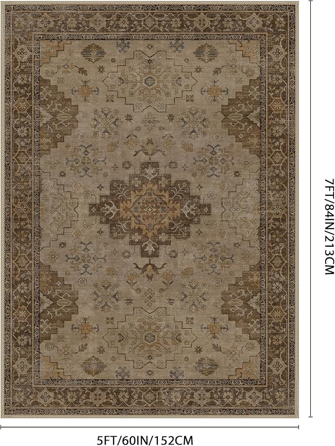GENIMO 5x7 Area Rugs for Living Room,Machine Washable Non-Slip Vintage Rug, Low Pile Lightweight Carpet for Bedroom, Dining Room, Home Office, Stain & Fade Resistant,Brown