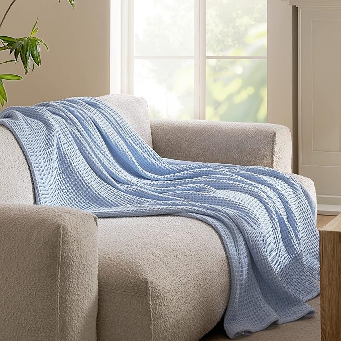Bedsure Gentlesoft 100% Cotton Blanket Twin XL Size for College Dorm - Breathable and Soft for Spring Summer, Waffle Weave Twin Blanket for Bed, Dorm Room Essentials, Sky Blue, 66x90 inches