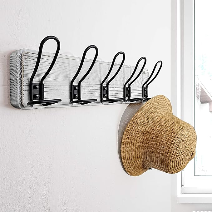 Dseap Coat Rack Wall Mounted - Heavy Duty Farmhouse Rustic Wall Coat Hanger With 5 Wire Hooks for Clothes Hat Jacket Towel, RusticWire, G25A, Whitewash & Black, Pack of 2