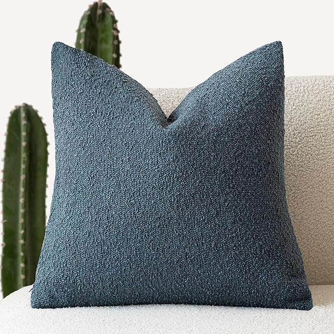 Foindtower Textured Boucle Throw Pillow Covers Accent Solid Pillow Cases Cozy Soft Decorative Couch Cushion Case for Chair Sofa Bedroom Living Room Home Decor, 18 x 18 Inch,Blue
