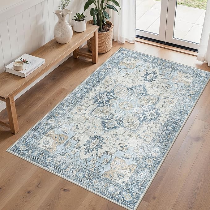 BESBLEE 4x6 Area Rugs for Living Room, Machine Washable Rug, Non Slip Vintage Rugs, Low Pile Lightweight Print Rug for Bedroom, Dining Room, Home Office, Blue