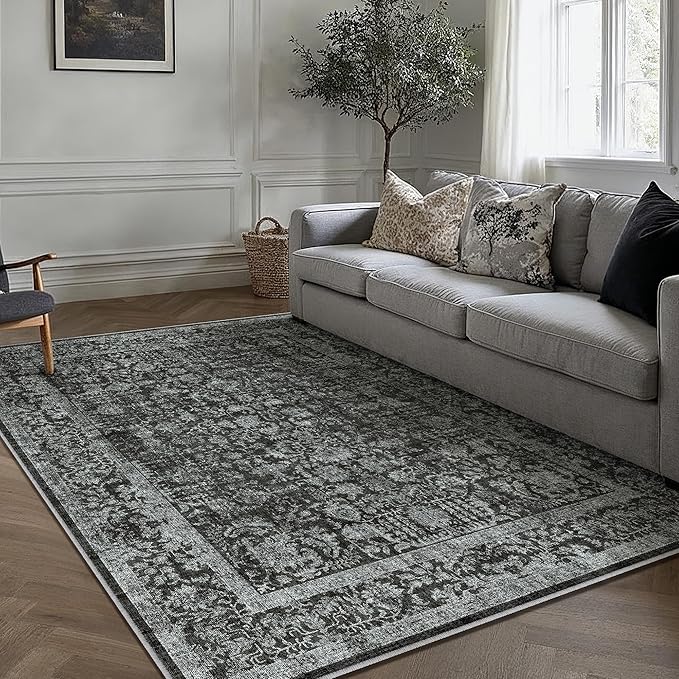 PureCozy Dark Black Area Rug 6x9 Machine Washable Vintage Living Room Distressed Non Slip Carpet Traditional Indoor Bedroom Retro Floral Accent Throw Large Rug for Office Kitchen Dining Room