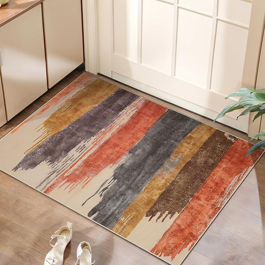 Ciicool Modern Abstract Area Rug 2x3 Washable Small Entryway Rug, Non-Slip Low Pile Throw Rugs, Foldable Kitchen Bathroom Rugs, Red Yellow Grey Floor Carpet for Entrance Bedroom Indoor Doormat