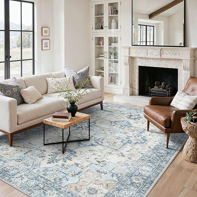 BESBLEE 6x9 Area Rugs for Living Room, Machine Washable Rug, Non Slip Vintage Rugs, Low Pile Lightweight Print Rug for Bedroom, Dining Room, Home Office, Blue