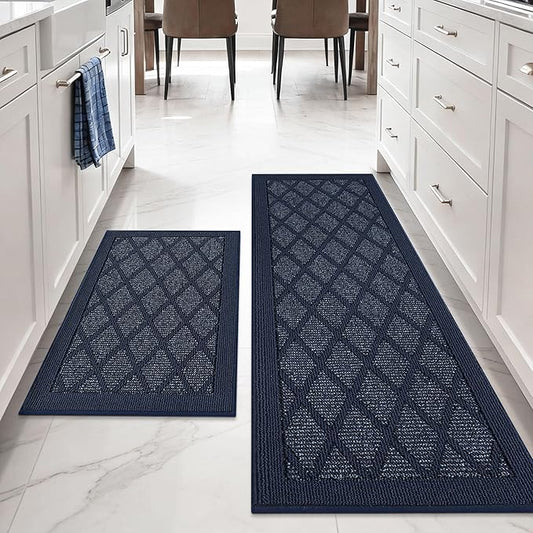 COSY HOMEER Kitchen Mats, 2 PCS Kitchen Rug Non Slip Washable, Absorbent Runner Rugs for Kitchen Floor, 100% Polypropylene Kitchen Sink Rug 24"x36" + 24"x60"(Blue)