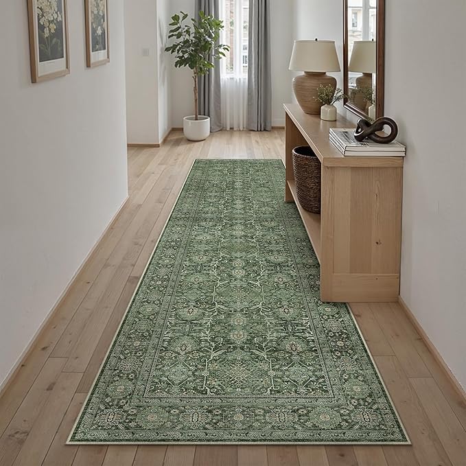 PureCozy Green Runner Rug 2x8 Hallway Washable Carpet Soft Vintage Indoor Kitchen Non Slip Bedroom Traditional Retro Distressed Thicker Throw Long Rug Bathroom Laundry Entryway Office Dining Room