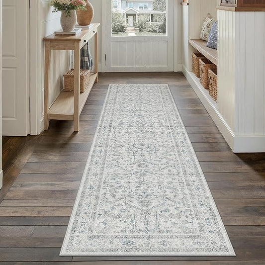 PureCozy Blue 2x8 Runner Rug Vintage Area Carpet Hallway Indoor Kitchen Washable Low Pile Traditional Distressed Retro Accent Throw Rug Non Slip for Laundry Bathroom Office