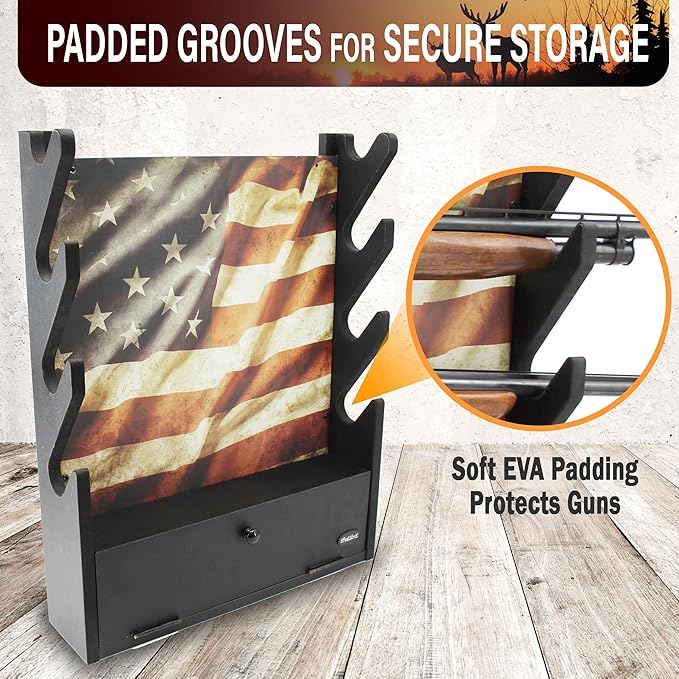 Rush Creek Creations, Gun Rack for Wall, Storage for 4 Guns, Rifles or Shotguns, American Flag Gun Rack Display, Wall Mount, Additional Storage for Gun Accessories