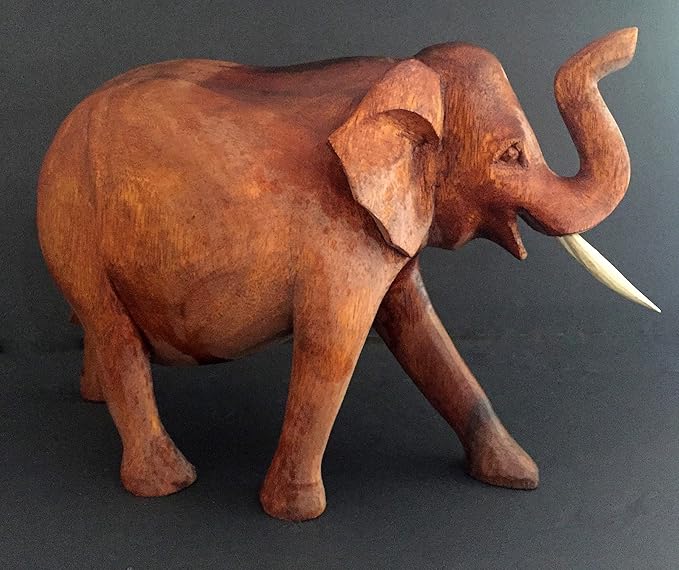 OMA Elephant Statue Solid Wood Hand Carved Lucky Trunk Up Elephant Figurine Home Decor (Large)
